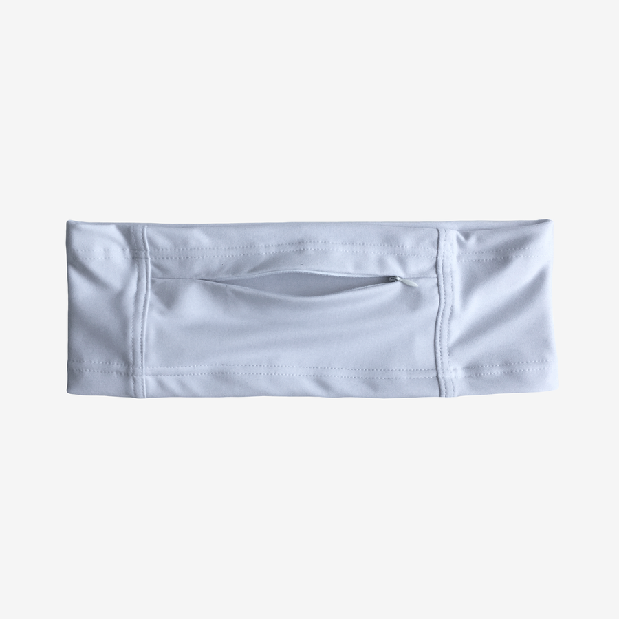 Single white antimicrobial stretch waistband with sensory friendly seams and hidden zipper pocket for insulin belt DEXCOM tslim