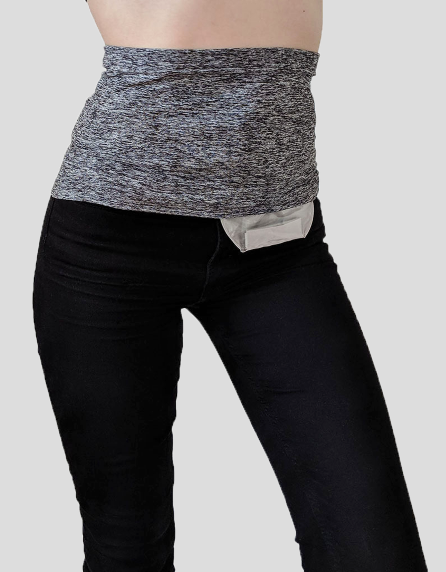 single charcoal stretch waistband with sensory friendly seams worn over ostomy bag