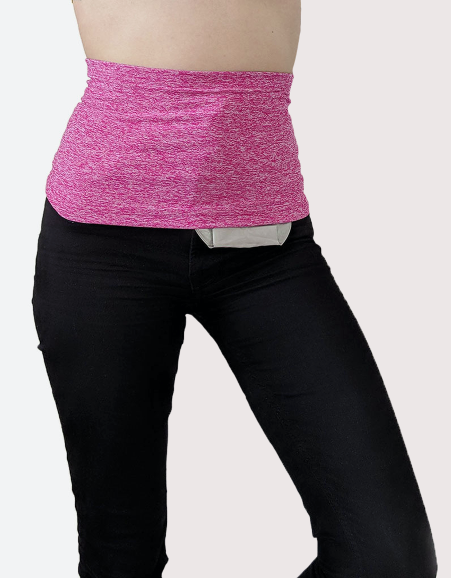 single pink stretch waistband with sensory friendly seams worn over ostomy bag