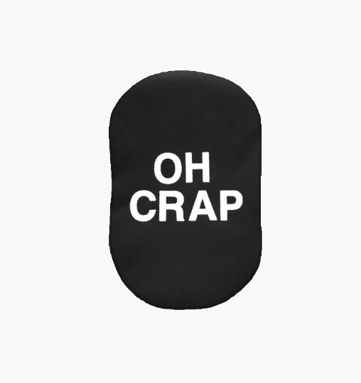 single black waterproof ostomy pouch cover with OH CRAP printed on the front