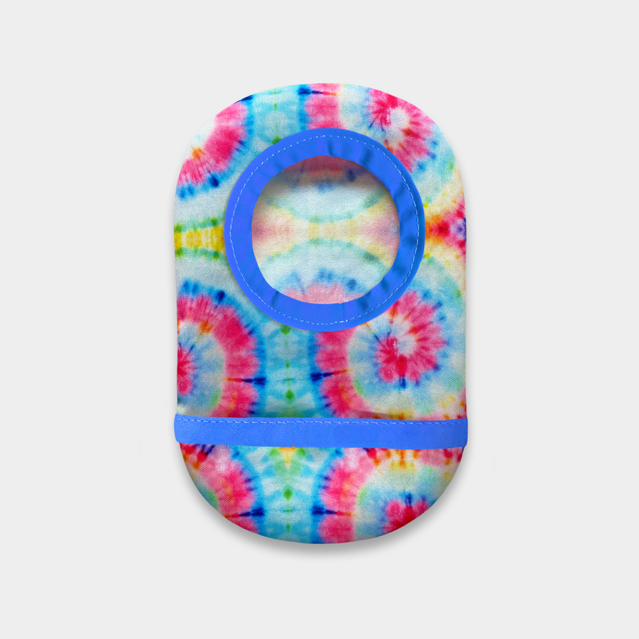 back view of single waterproof lightweight ostomy pouch cover in Neon Tie Dye 