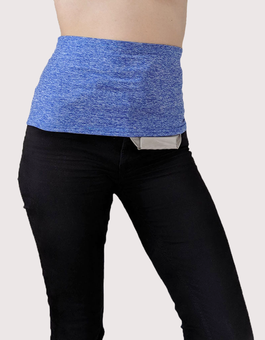 single blue stretch waistband with sensory friendly seams worn over ostomy bag